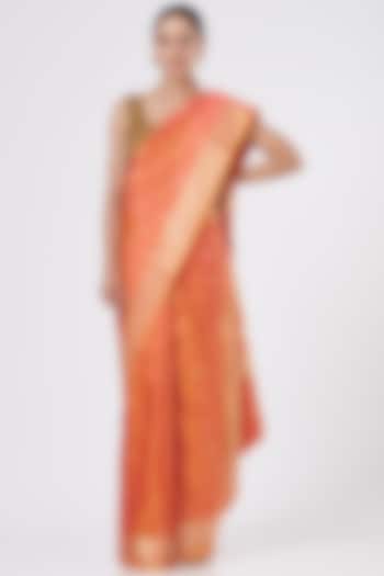 Orange Pure Katan Silk  Banarasi Handloom Resham & Tanchoi Work Saree Set by Zal From Benaras