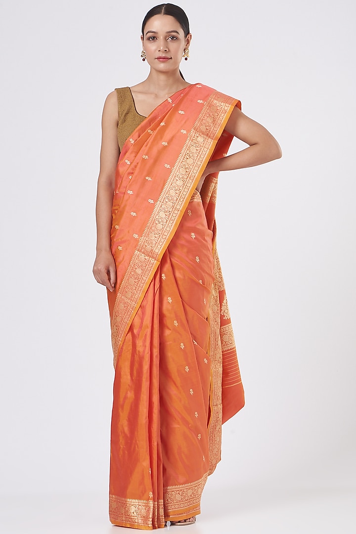 Orange Pure Katan Silk Saree Set by Zal From Benaras