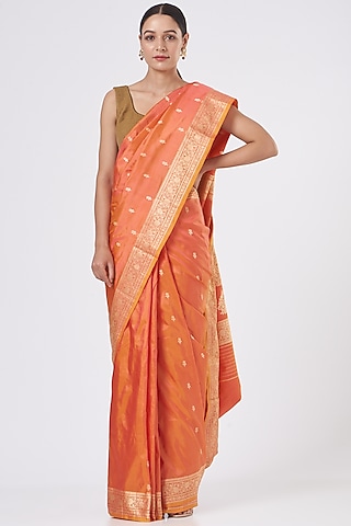 Orange Pure Katan Silk  Banarasi Handloom Resham & Tanchoi Work Saree Set by Zal From Benaras