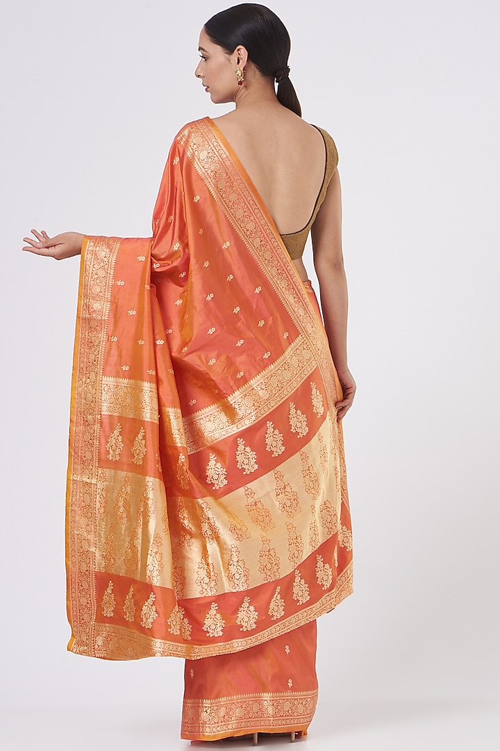 Orange Pure Katan Silk Banarasi Handloom Resham & Tanchoi Work Party Wear Saree Set by Zal From Benaras at Pernia's Pop Up Shop