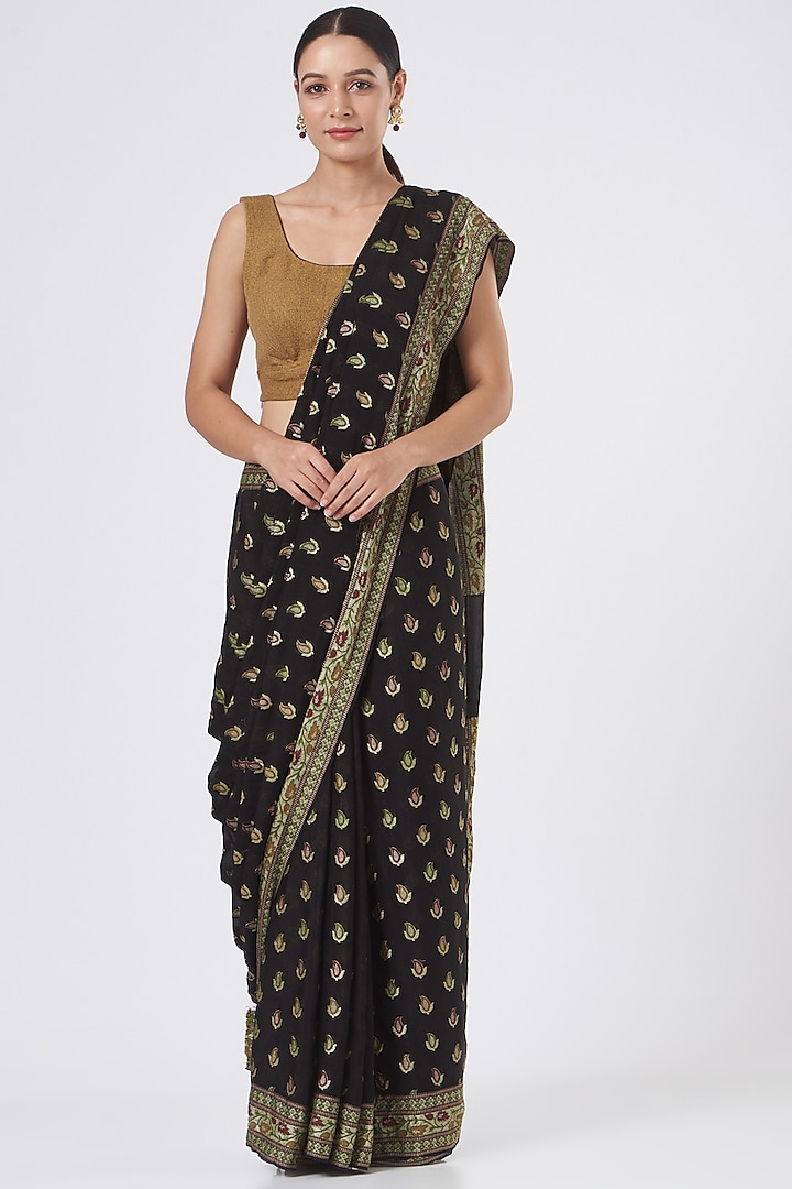 Black Pure Georgette Handloom Saree Set by Zal From Benaras