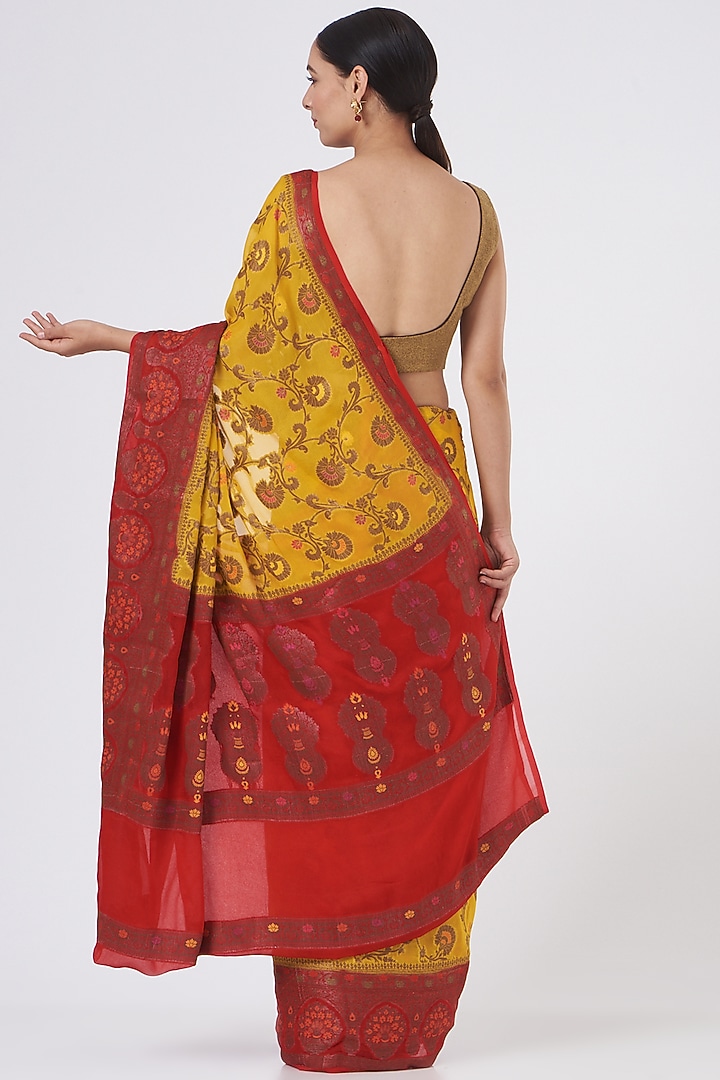 Yellow & Red Pure Chiffon Handloom Party Wear Saree Set by Zal From Benaras at Pernia's Pop Up Shop