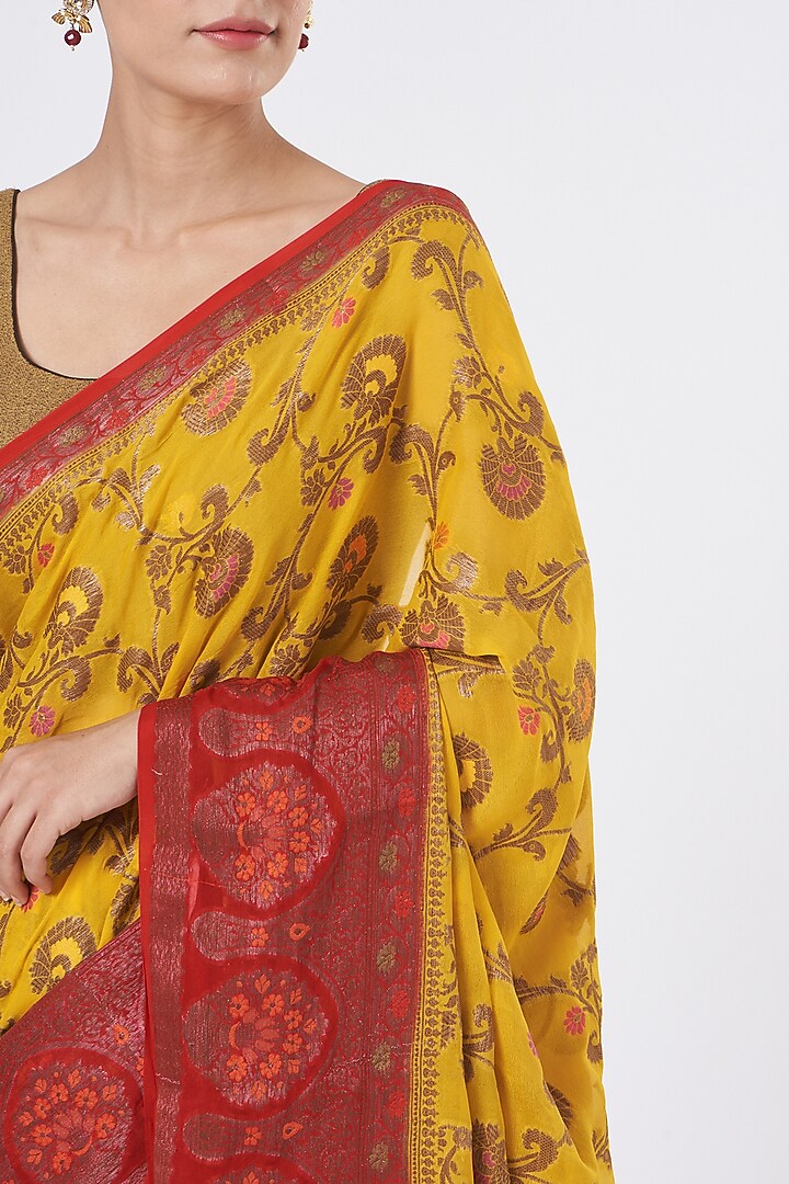 Yellow & Red Pure Chiffon Handloom Party Wear Saree Set by Zal From Benaras at Pernia's Pop Up Shop