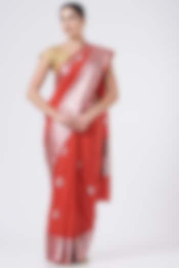 Red Pure Monga Silk Handloom Saree Set by Zal From Benaras