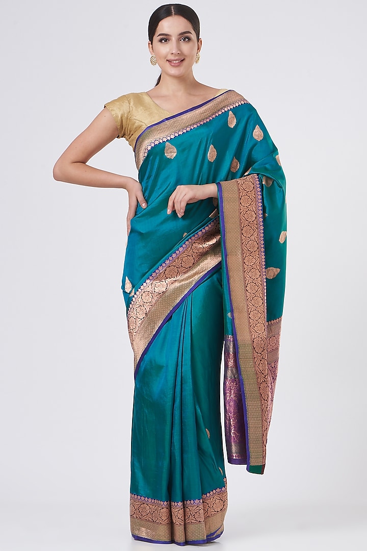 Blue Pure Katan Silk Handloom Saree Set by Zal From Benaras