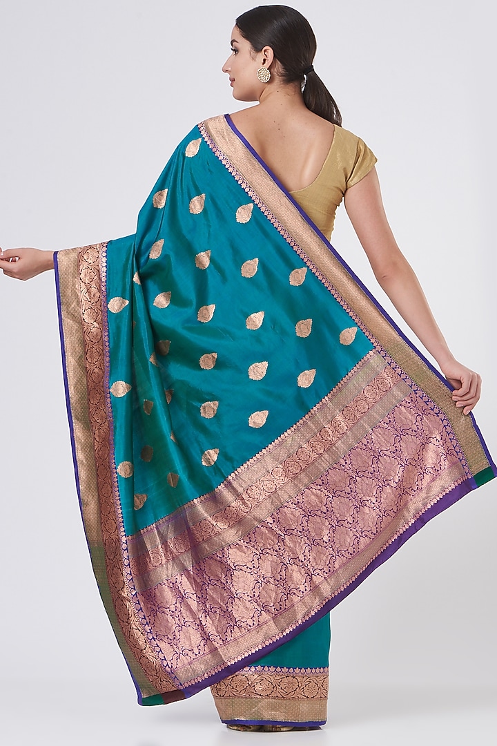 Blue Pure Katan Silk Handloom Wedding Saree Set by Zal From Benaras at Pernia's Pop Up Shop