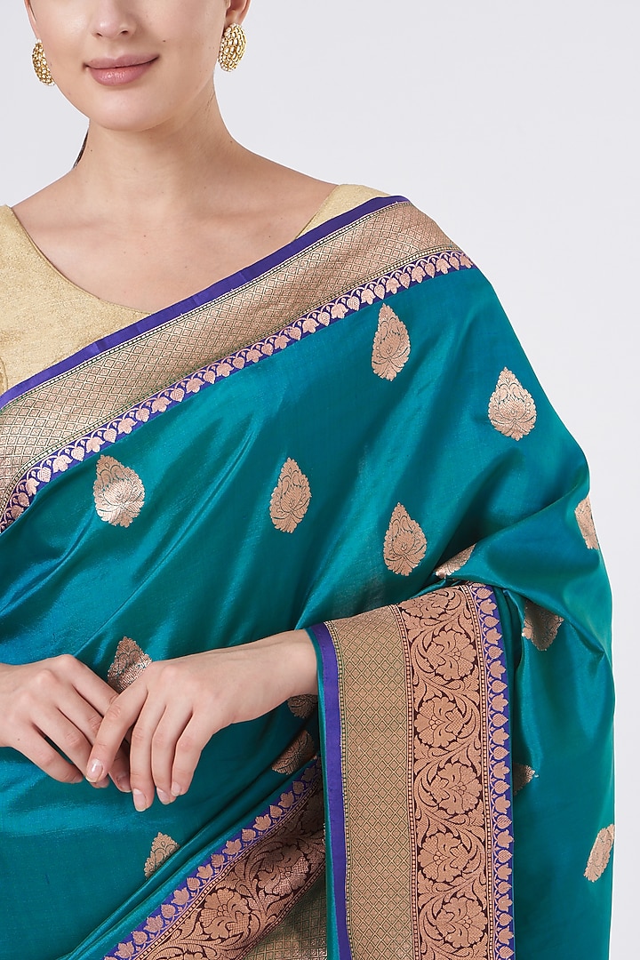 Blue Pure Katan Silk Handloom Wedding Saree Set by Zal From Benaras at Pernia's Pop Up Shop