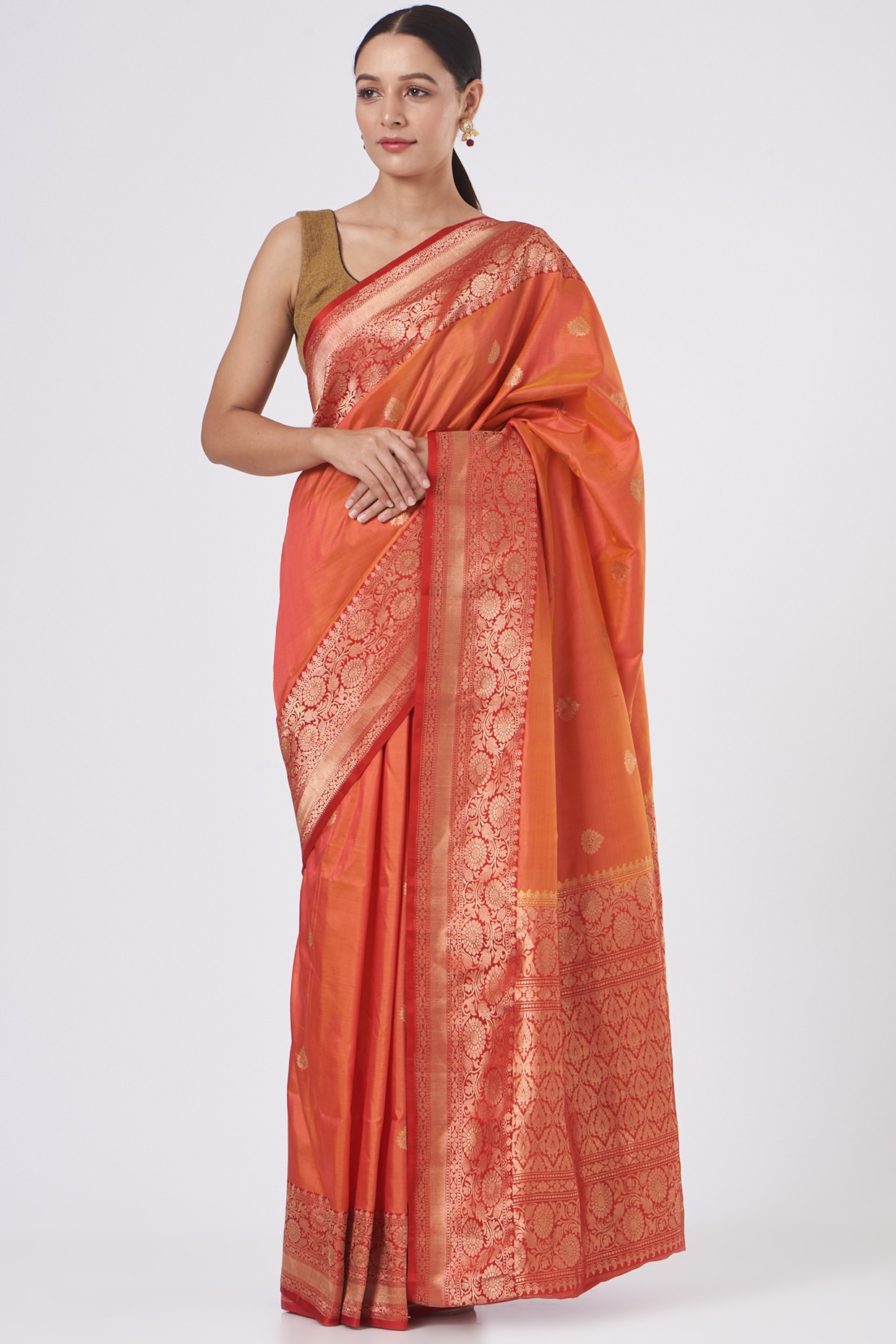 Radiance of Zari: The Exquisite Double Zari Orange Banarasi Silk Saree – YNF