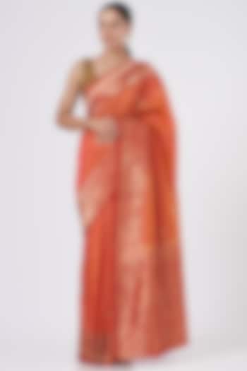 Orange Silk Banarasi Handloom Meenakari & Kadhwa Work Saree Set by Zal From Benaras