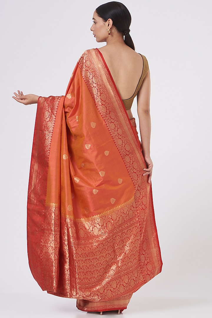 Orange Silk Banarasi Handloom Meenakari & Kadhwa Work Wedding Saree Set by Zal From Benaras at Pernia's Pop Up Shop