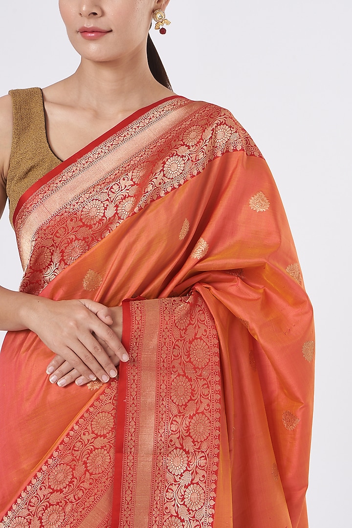 Orange Silk Banarasi Handloom Meenakari & Kadhwa Work Wedding Saree Set by Zal From Benaras at Pernia's Pop Up Shop