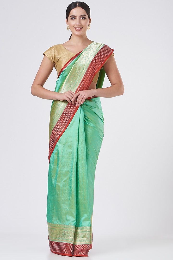 Green & Red Pure Katan Silk Saree Set by Zal From Benaras
