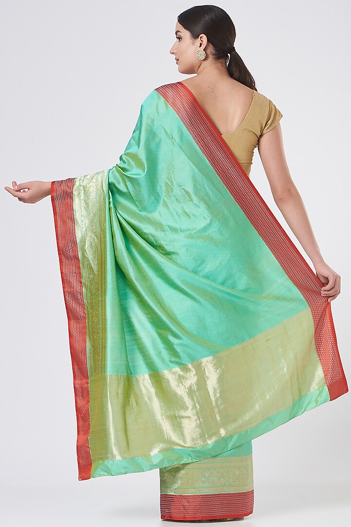 Green & Red Pure Katan Silk Wedding Saree Set by Zal From Benaras at Pernia's Pop Up Shop