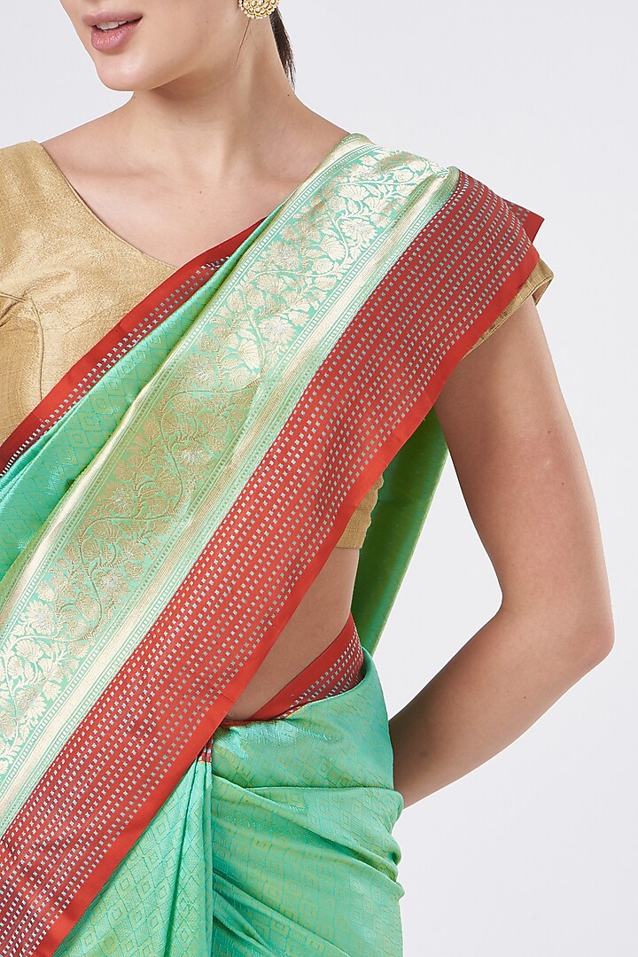 Green & Red Pure Katan Silk Wedding Saree Set by Zal From Benaras at Pernia's Pop Up Shop