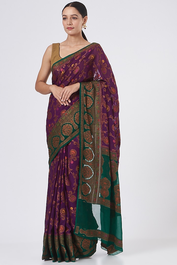 Purple & Green Pure Chiffon Handloom Saree Set by Zal From Benaras