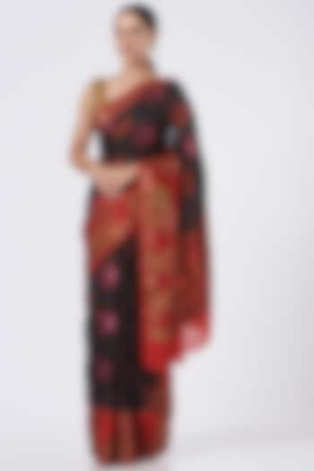 Black & Red Pure Satin Silk Saree Set by Zal From Benaras