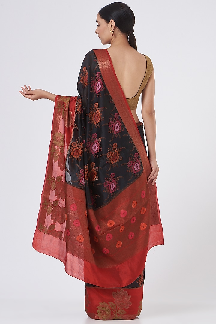 Black & Red Pure Satin Silk Party Wear Saree Set by Zal From Benaras at Pernia's Pop Up Shop
