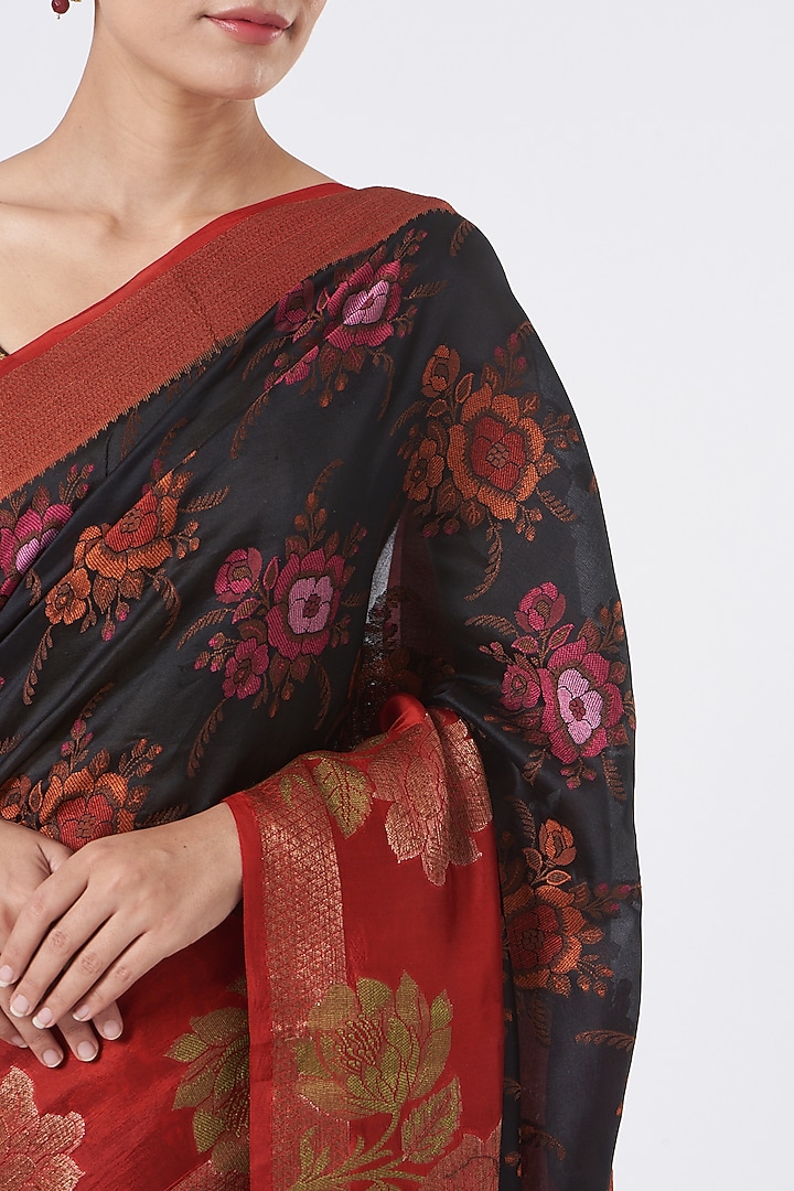 Black & Red Pure Satin Silk Party Wear Saree Set by Zal From Benaras at Pernia's Pop Up Shop