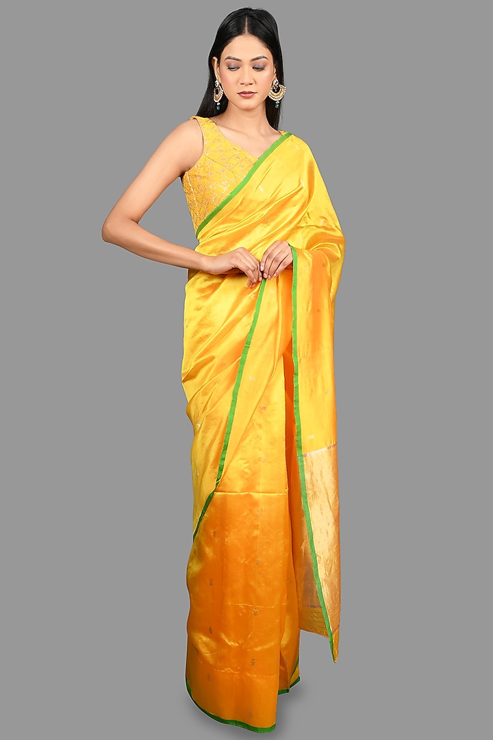 Yellow Pure Chanderi Silk Banarasi Handloom Saree Set by Zal From Benaras