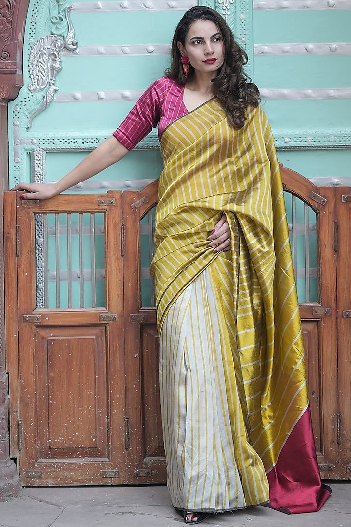 Silver & Mustard Yellow Pure Chanderi Silk Saree Set by Zal From Benaras