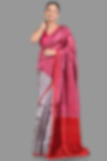 Hot Pink & Silver Pure Chanderi Silk Banarasi Saree Set by Zal From Benaras