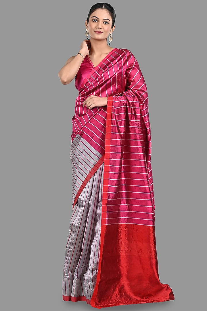 Hot Pink & Silver Pure Chanderi Silk Banarasi Saree Set by Zal From Benaras
