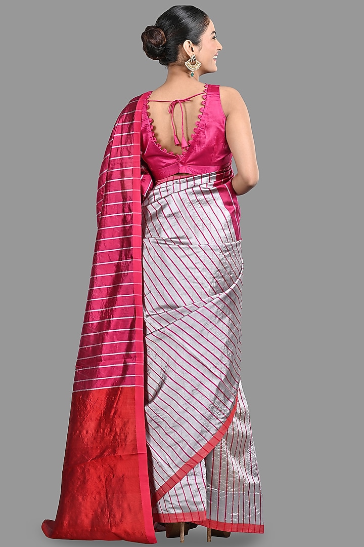 Hot Pink & Silver Pure Chanderi Silk Banarasi Party Wear Saree Set by Zal From Benaras at Pernia's Pop Up Shop