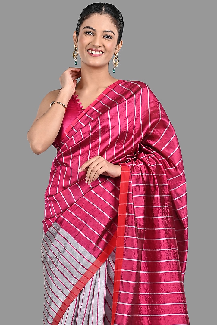 Hot Pink & Silver Pure Chanderi Silk Banarasi Party Wear Saree Set by Zal From Benaras at Pernia's Pop Up Shop
