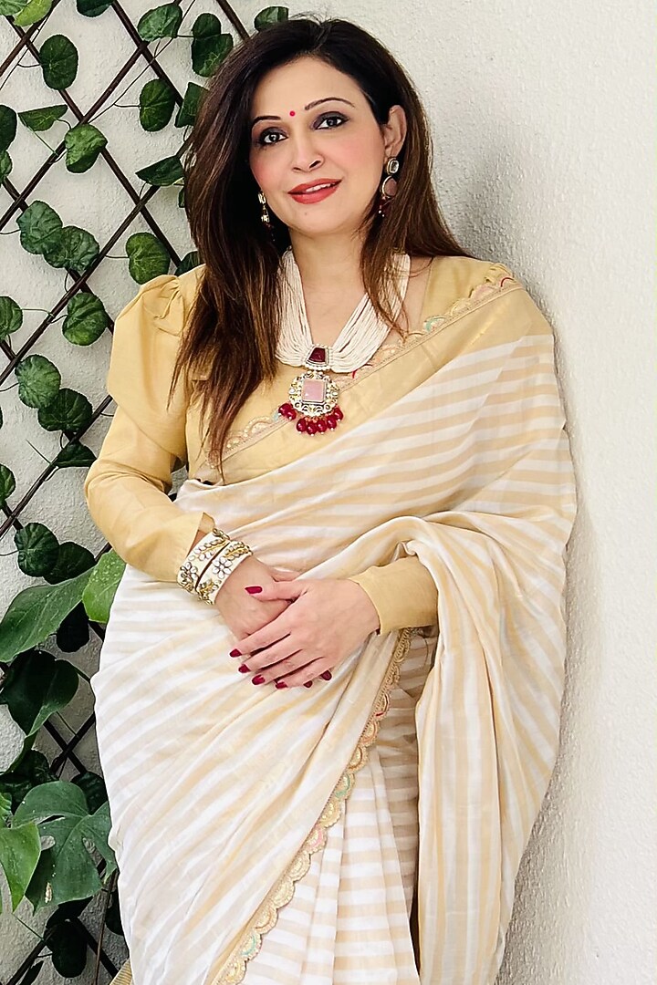 Beige Pure Chanderi Silk Zari Work Party Wear Saree Set by Zal From Benaras at Pernia's Pop Up Shop