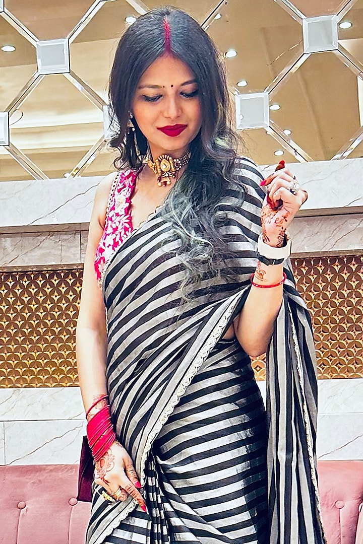 Black Pure Chanderi Silk Zari Work Party Wear Saree Set by Zal From Benaras at Pernia's Pop Up Shop