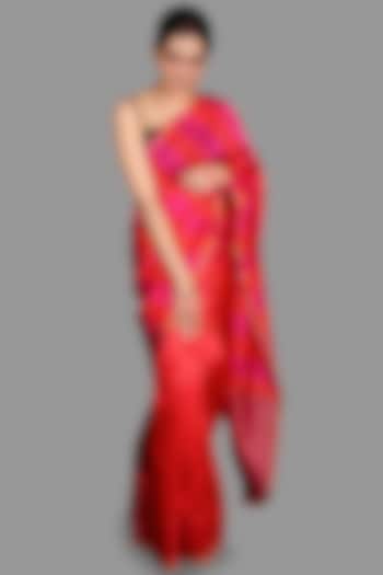 Hot Pink & Red Pure Chanderi Silk Saree Set by Zal From Benaras