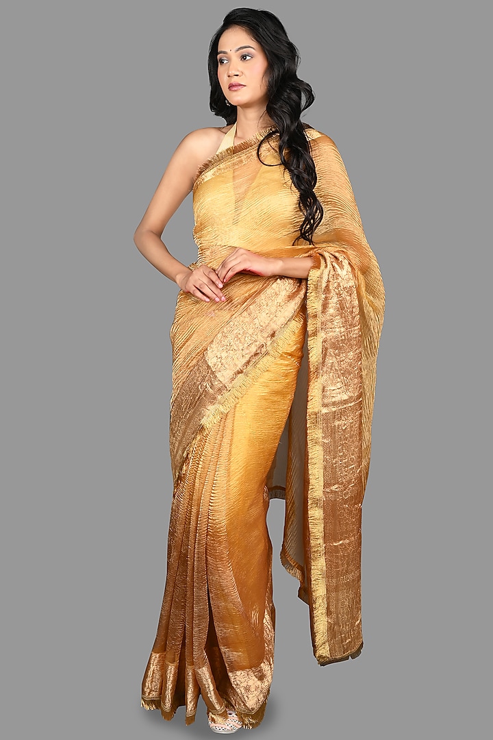 Golden Pure Crushed Tissue Silk Banarasi Handloom Saree Set by Zal From Benaras