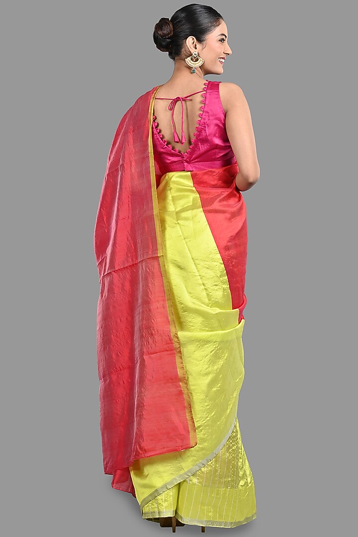 Pink & Neon Green Pure Chanderi Silk Handwoven Party Wear Saree Set by Zal From Benaras at Pernia's Pop Up Shop