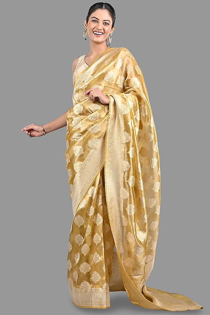 Golden Pure Tissue Silk Zari Work Banarasi Handloom Saree Set by Zal From Benaras