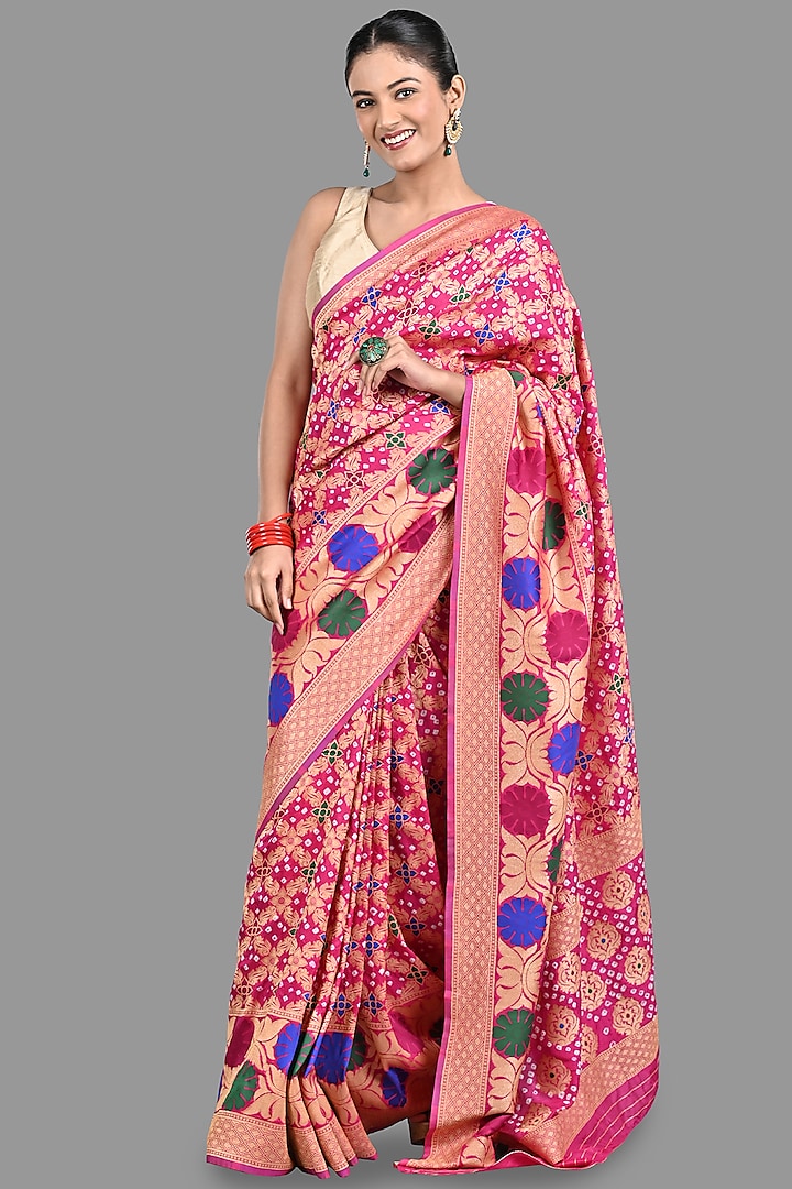 Hot Pink Pure Silk Bandhej Work Handloom Saree Set by Zal From Benaras