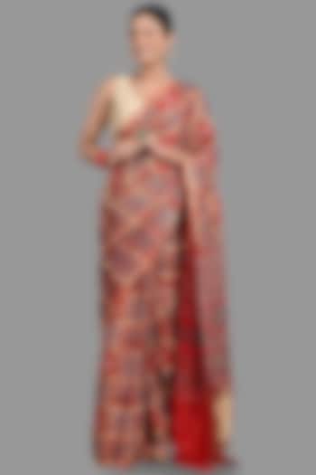 Red Pure Silk Bandhej Work Handloom Saree Set by Zal From Benaras