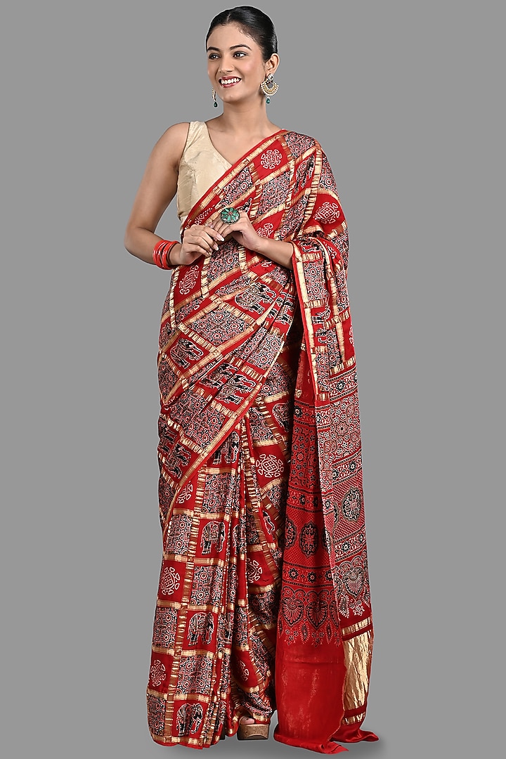 Red Pure Silk Bandhej Work Handloom Saree Set by Zal From Benaras