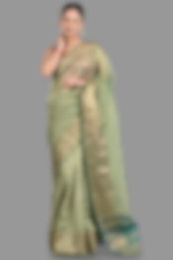 Green Tissue Silk Crushed Banarasi Handloom Saree Set by Zal From Benaras