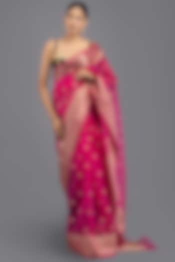 Hot Pink Kora Silk Banarasi Handloom Festive Saree Set by Zal From Benaras at Pernia's Pop Up Shop