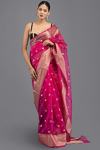 Hot Pink Kora Silk Banarasi Handloom Saree Set by Zal From Benaras