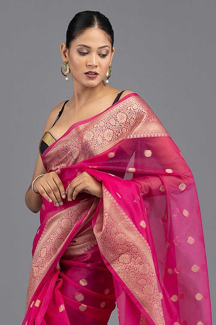 Hot Pink Kora Silk Banarasi Handloom Festive Saree Set by Zal From Benaras at Pernia's Pop Up Shop
