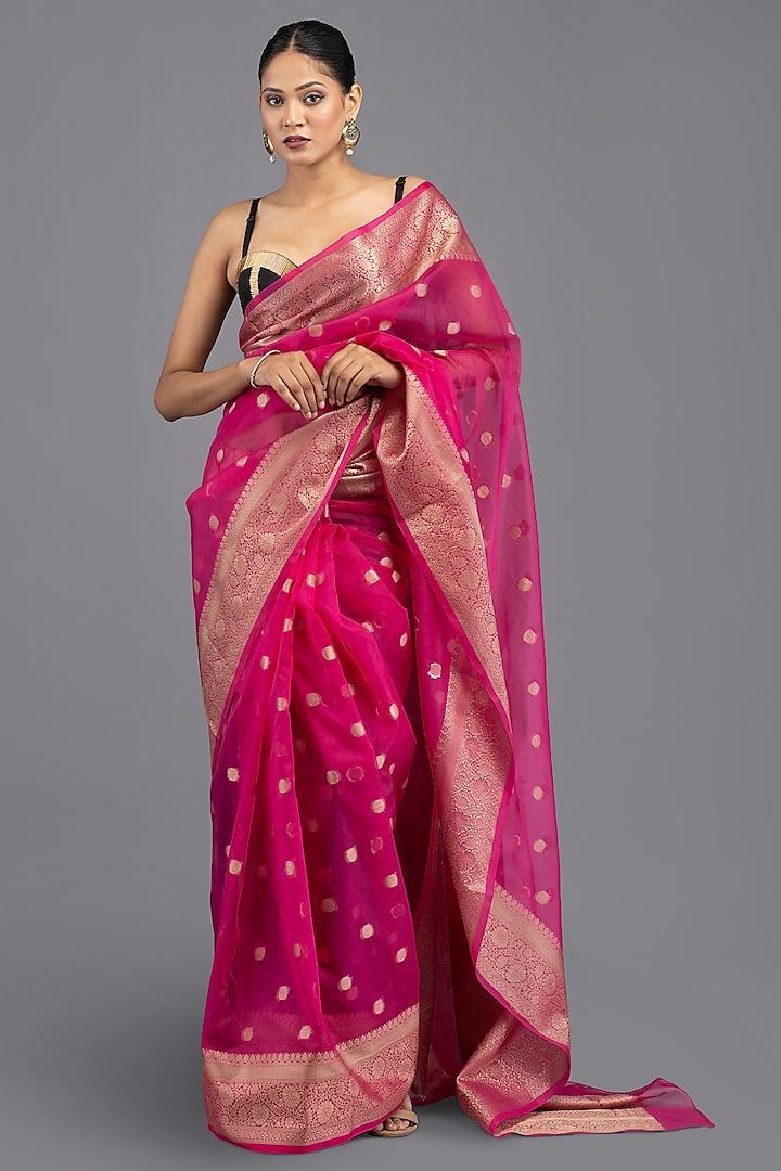 Hot Pink Kora Silk Banarasi Handloom Festive Saree Set by Zal From Benaras at Pernia's Pop Up Shop