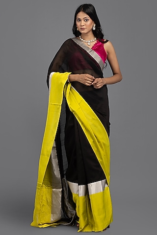 Black & Yellow Kora Silk Banarasi Handloom Saree Set by Zal From Benaras