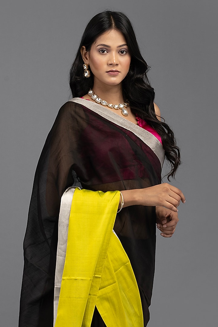 Black & Yellow Kora Silk Banarasi Handloom Wedding Saree Set by Zal From Benaras at Pernia's Pop Up Shop
