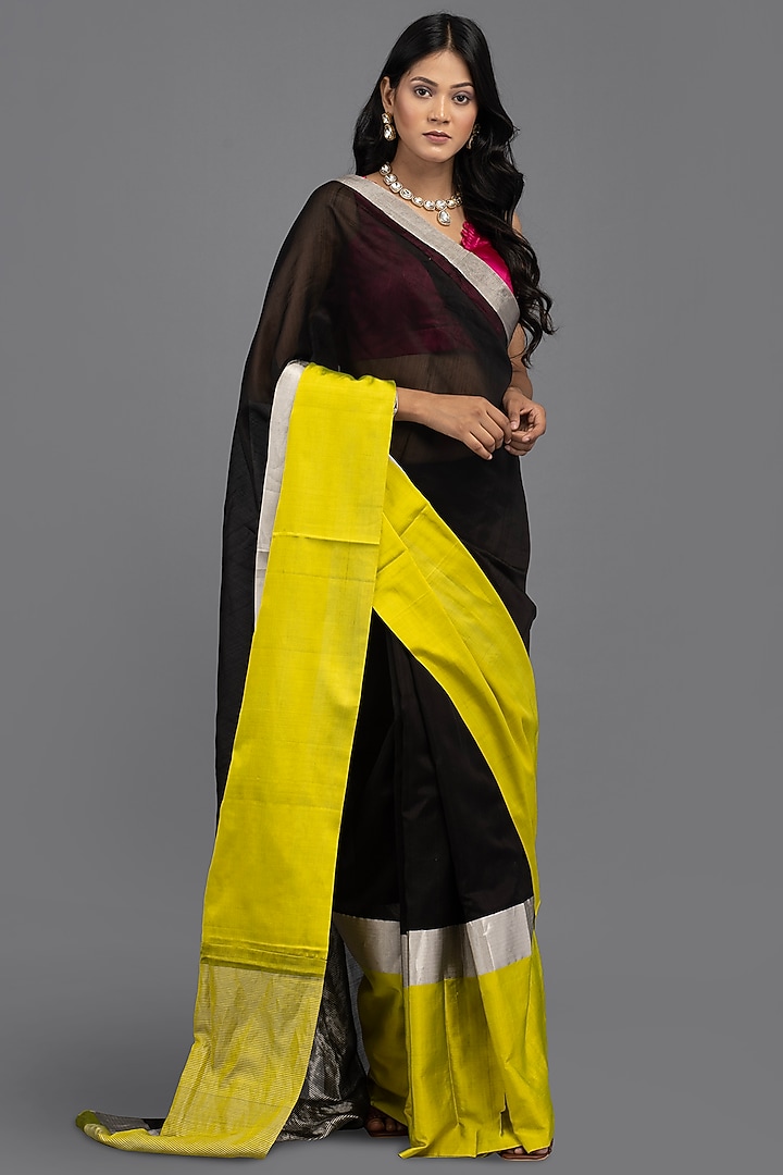 Black & Yellow Kora Silk Banarasi Handloom Wedding Saree Set by Zal From Benaras at Pernia's Pop Up Shop