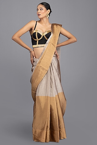 Golden Pure Chanderi Handloom Saree Set by Zal From Benaras