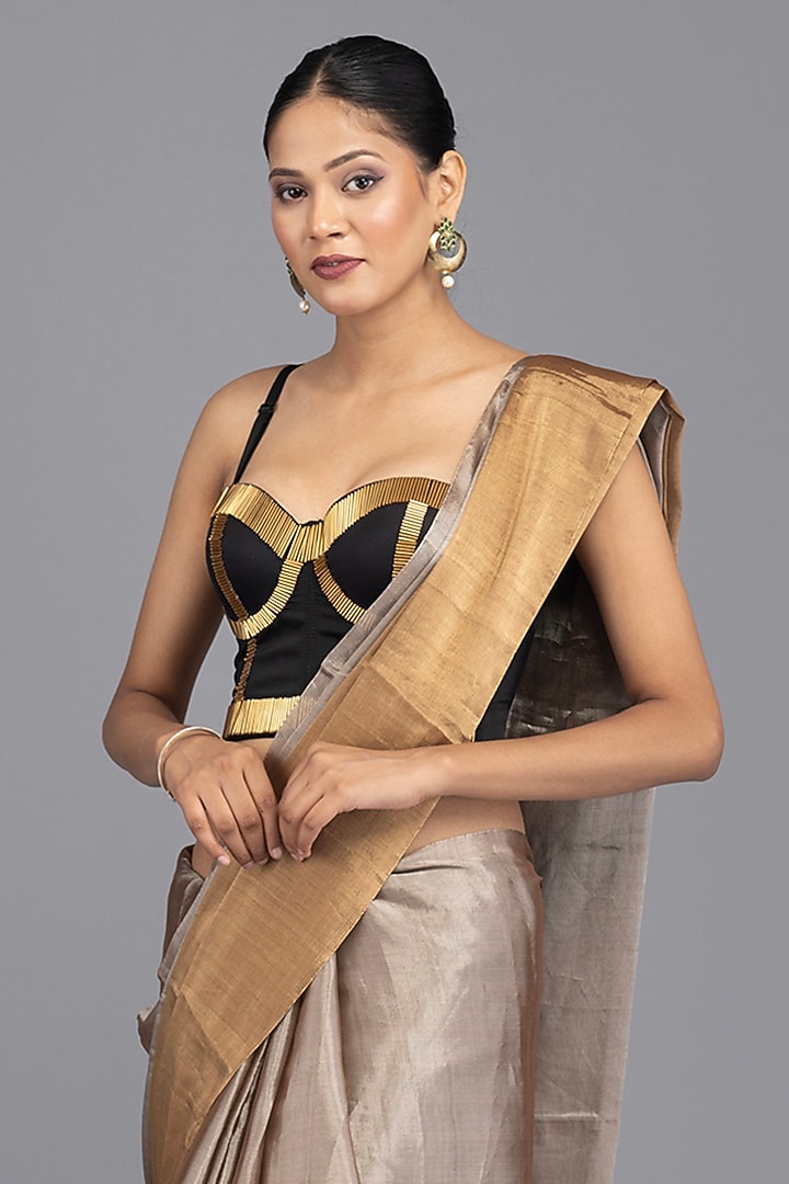Golden Pure Chanderi Handloom Party Wear Saree Set by Zal From Benaras at Pernia's Pop Up Shop