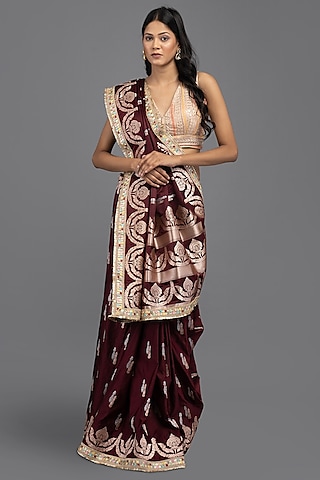 Wine Pure Silk Banarasi Handloom Saree Set by Zal From Benaras