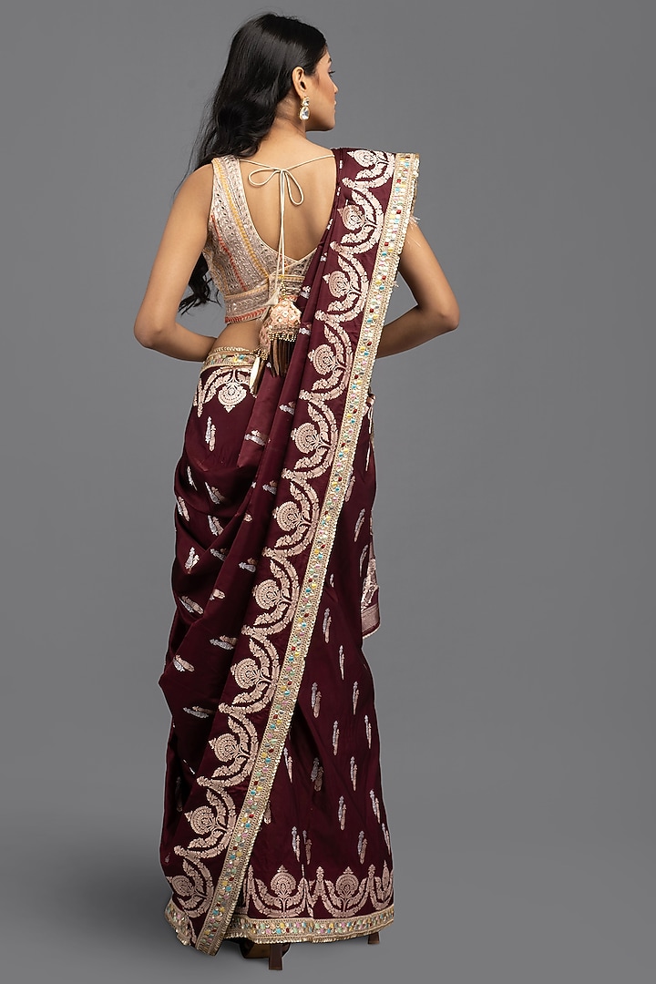 Wine Pure Silk Banarasi Handloom Party Wear Saree Set by Zal From Benaras at Pernia's Pop Up Shop