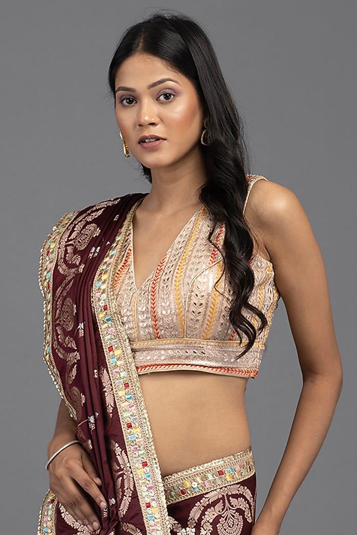Wine Pure Silk Banarasi Handloom Party Wear Saree Set by Zal From Benaras at Pernia's Pop Up Shop